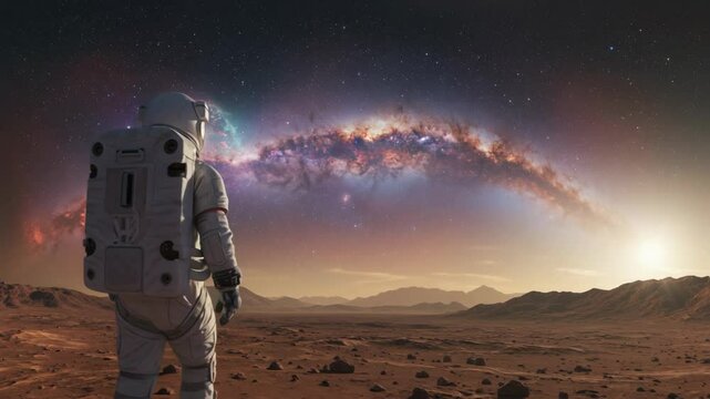 Man in astronaut suit looks at galaxy on mars landscape motion picture. Space exploration and colonization concept video footage. Martian terrain, milky way.