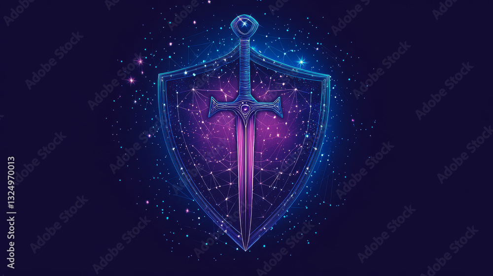 Poster shield and swords in the form of a starry sky or space, consisting of points, lines, and shapes in t