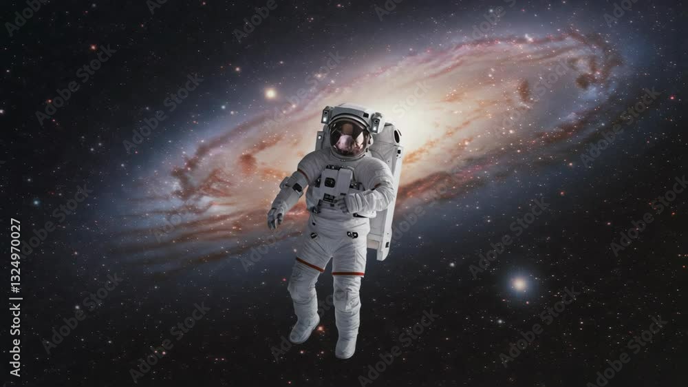 Poster astronaut floating freely in front of a galaxy motion footage. white space suit. dreams and explorat