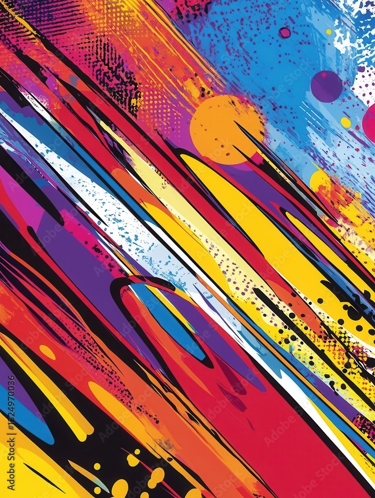 Poster dynamic comic book style background featuring vibrant colors, action lines, and playful patterns for