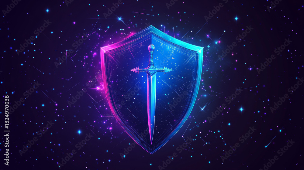 Aufkleber shield and swords in the form of a starry sky or space, consisting of points, lines, and shapes in t