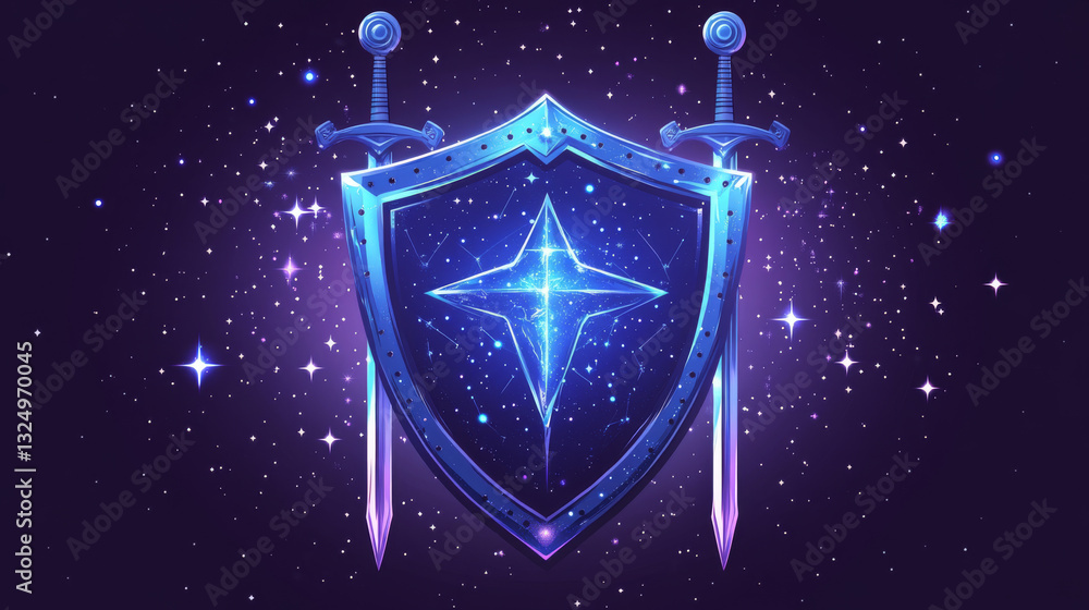 Aufkleber shield and swords in the form of a starry sky or space, consisting of points, lines, and shapes in t