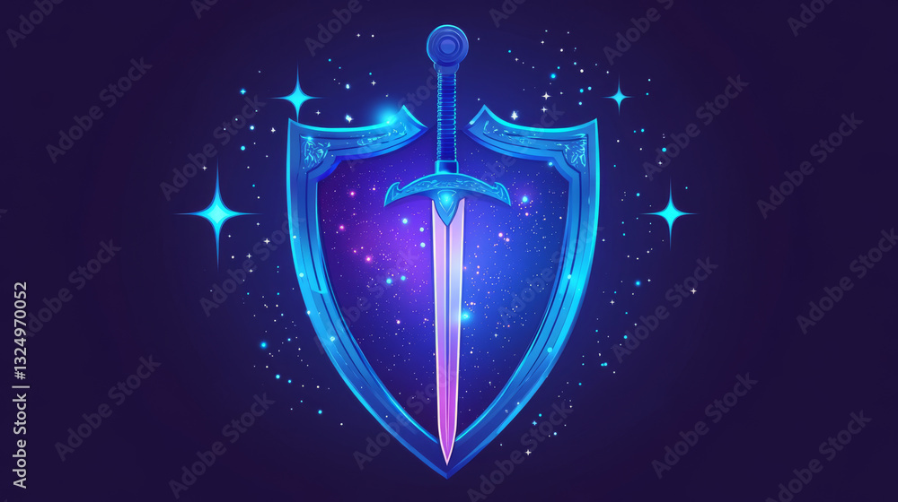 Poster shield and swords in the form of a starry sky or space, consisting of points, lines, and shapes in t