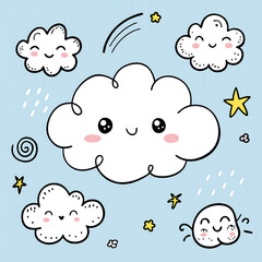  Cute kawaii cloud doodles with happy expressions surrounded by stars and raindrops on a pastel blue sky background perfect for children’s illustrations, weather themes, and playful cartoon designs