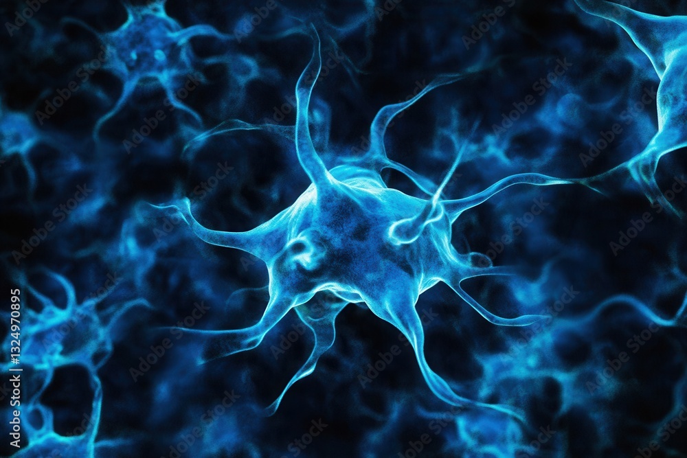 Poster Futuristic neural network patterns in deep blue and cyan with a central node cluster