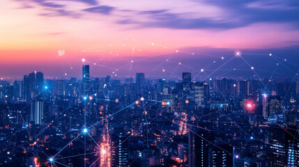 Fototapeta premium Global communication technologies. Digital tech of world globe wireless connection network. Planet earth in space internet connection. Futuristic illustration of web networking of future. IOT in city