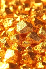 Close-up of shiny gold nuggets showing texture and metallic luster detail