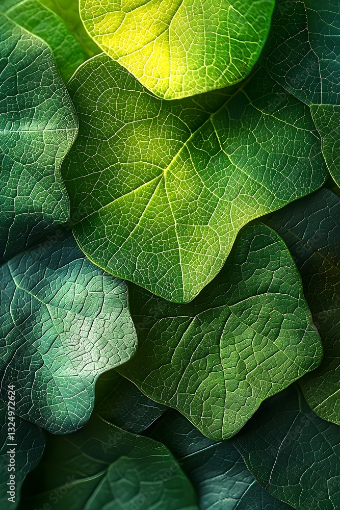 Poster close-up of diverse green leaves with intricate patterns and textures. generative ai