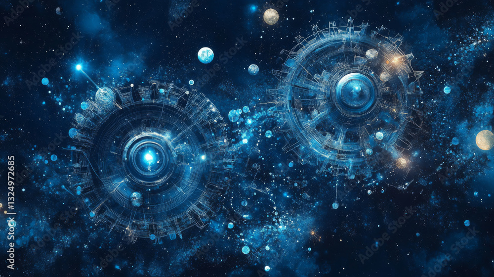 Poster abstract image of two gears in the form of a starry sky or space, consisting of points, lines, and s