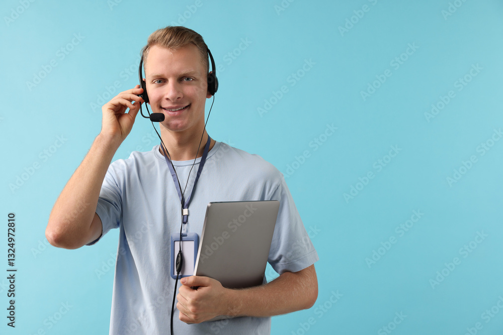 Poster technical support call center. smiling operator with laptop on light blue background. space for text