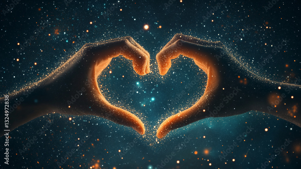 Poster abstract image of a love shape hands in the form of a starry sky or space, consisting of points, lin