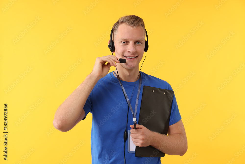 Poster technical support call center. smiling operator with clipboard on yellow background