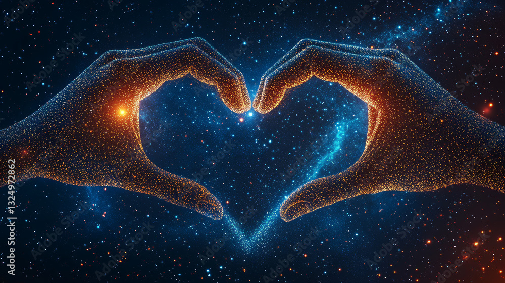 Poster abstract image of a love shape hands in the form of a starry sky or space, consisting of points, lin