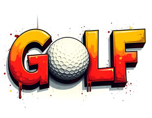 golf text with ball, retro colorful golf ball word banner poster, Retro golf lettering design with ball, graffiti style sport text design, Pop art golf wording on red background art
