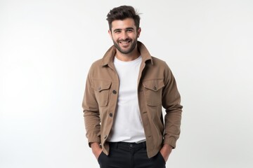 Fototapeta premium Half-Length (Waist-Up) portrait of young stylish smiling Israeli male model in cosplay wear isolated on pure white background looking at camera