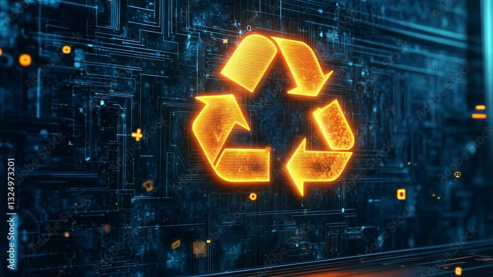 Poster an animated display showcases a glowing orange recycling symbol set against a backdrop of intricate,