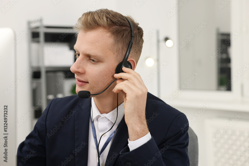 Poster technical support call center. operator working in office