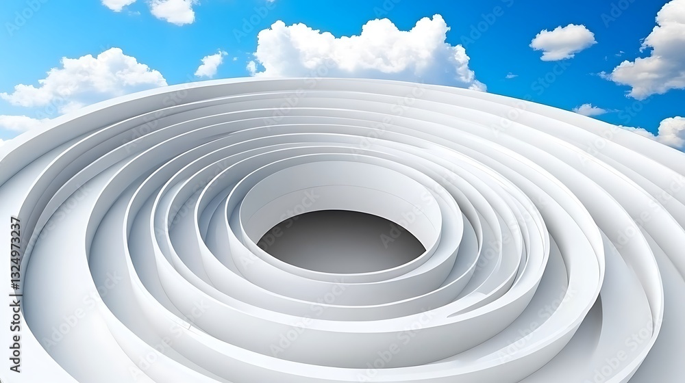 Poster futuristic architecture with white concentric arcs and dynamic sky backdrop