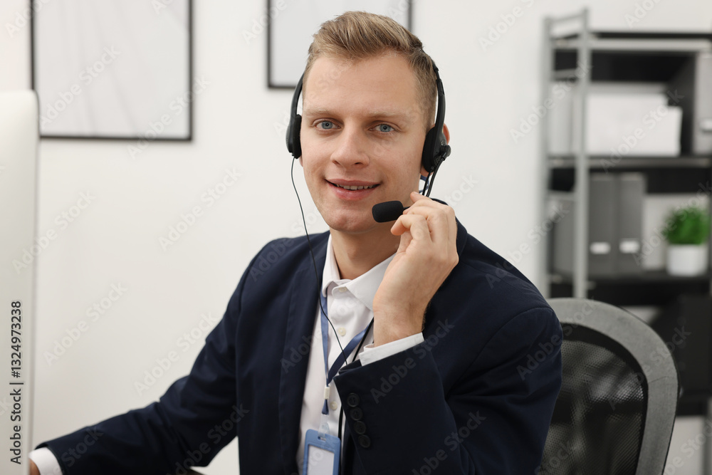 Poster technical support call center. portrait of smiling operator in office