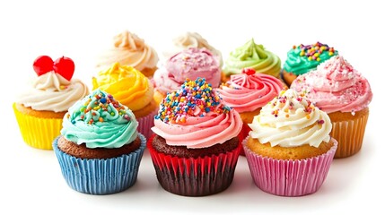 Assorted colorful cakes on white background