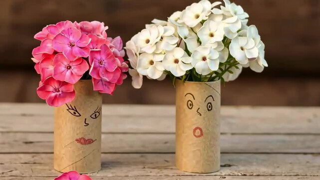 Kids craft, two dolls made of toilet paper tubes and flowers. Cheap and simple crafts from improvised materials, the development of imagination.
