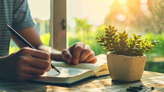 Hand schreibt in Notizbuch bei Sonnenlicht
