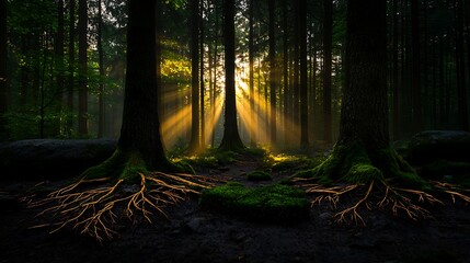 Sunlit Forest Roots Mystical Nature Photography