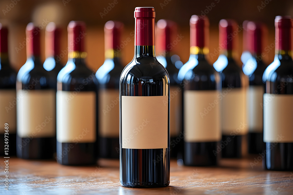 Poster collection of wine bottles with blank labels in a rustic setting. generative ai.