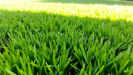Fototapeta premium Close-up view of vibrant green grass showcasing a healthy and lush lawn in natural sunlight. 