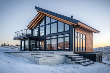 A contemporary highland cabin with slate wood panels and reflective black metal finishes
