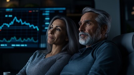 Mature couple watches stock market graph in their dim modern apartment
