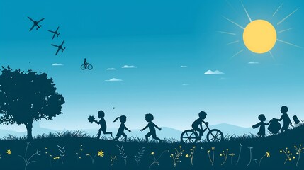 Dynamic vector illustration of Earth Day festivities with abstract green symbols modern renewable energy icons and community silhouettes engaging in outdoor eco activities under a radiant sky