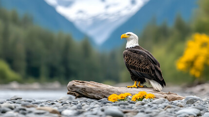 Majestic bald eagle perched on driftwood by a river, surrounded by mountain backdrop