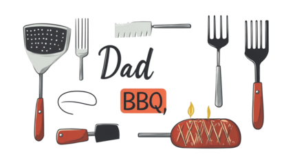 World Father’s Day PNG file transparent background – Grilling tools labeled "Dad’s BBQ" isolated on white