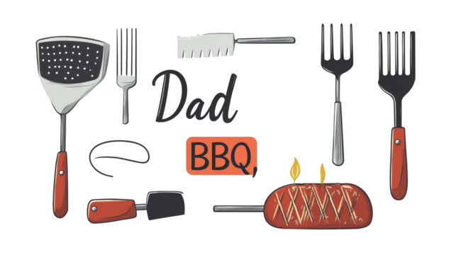 World Father’s Day PNG file transparent background – Grilling tools labeled "Dad’s BBQ" isolated on white