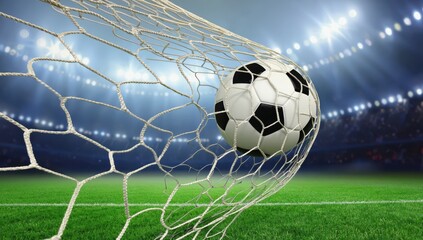 A soccer ball strikes the goal net during a thrilling match, illuminated by bright stadium lights. The atmosphere is electric as fans cheer for their teams