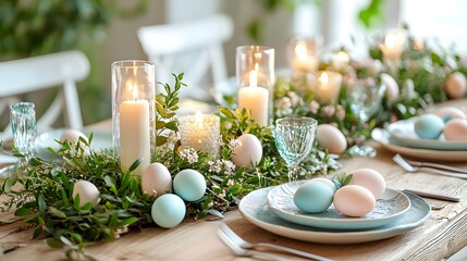 Decorative Easter table setting with pastel eggs and candles for celebration. Generative AI