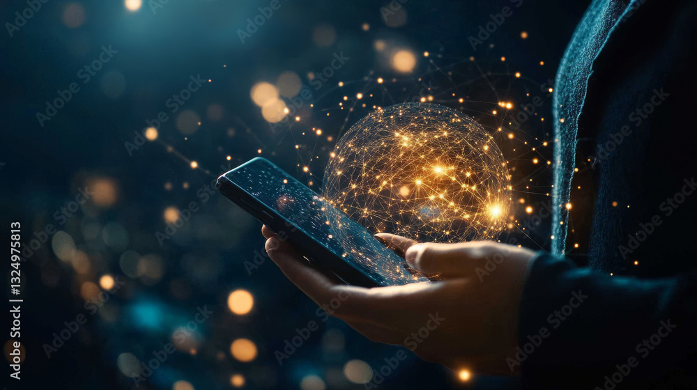 Poster mobile global internet communications. world wide web on phone via wireless satellite network techno