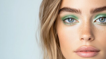 Fototapeta premium Professional model wearing vibrant green eyeshadow, accentuating facial features and natural freckles in striking beauty closeup