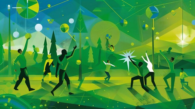 Dynamic vector illustration of Earth Day festivities with geometric renewable symbols stylized trees and community figures engaging in outdoor eco workshops celebrating nature with vibrant energy