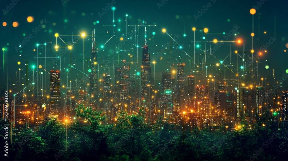 Poster a city skyline comes alive with colorful lights resembling digital patterns at night. the scene feat
