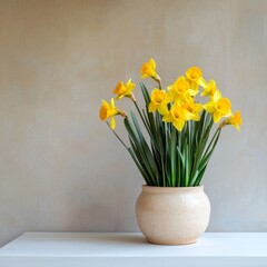 Yellow daffodils in a ceramic pot on a white table