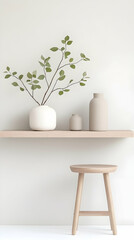 Minimalist shelf display with potted greenery