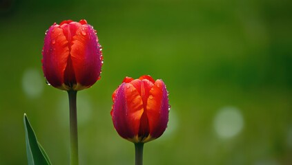 Obraz premium Two blooming red tulips stand tall, displaying their rich colors and intricate petals while adorned with droplets of dew from the early morning. The lush green background enhances their beauty
