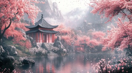 Beautiful cherry blossom flower and vintage building in Spring.