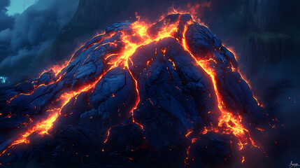 A fiery volcanic rock with glowing lava cracks, showcasing the power and beauty of nature's molten landscape. Volcanic Glow. Illustration