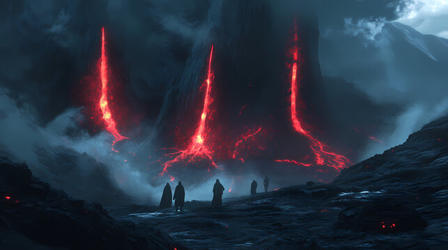 A haunted volcanic landscape with glowing red fissures and ghostly figures emerging from the smoke. Volcanic Glow. Illustration