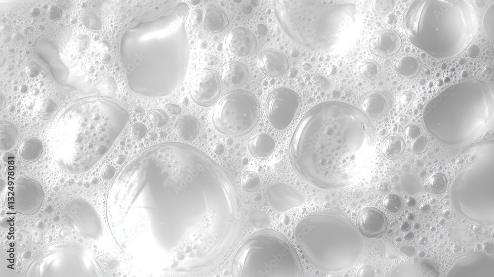 Poster foamy white bubbles creating abstract pattern, varied sizes generating textured liquid surface with 