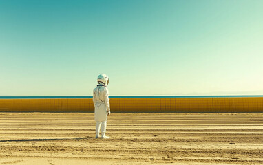 Obraz premium A self-assured astronaut in a spacesuit and helmet standing on sand against a tiled yellow wall on a beach, embodying a unique blend of exploration and relaxation in an unconventional setting