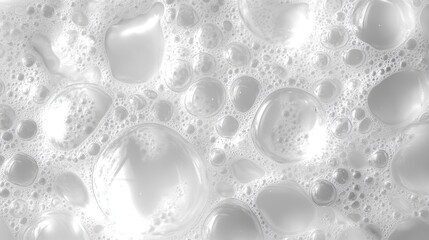 Foamy white bubbles creating abstract pattern, varied sizes generating textured liquid surface with dynamic highlights and intricate shadows